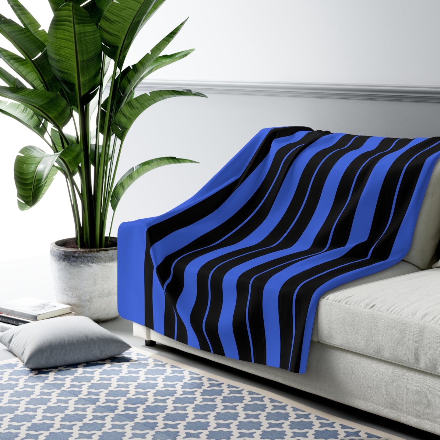 Royal Blue, Black Retro Stripes Blanket Throw