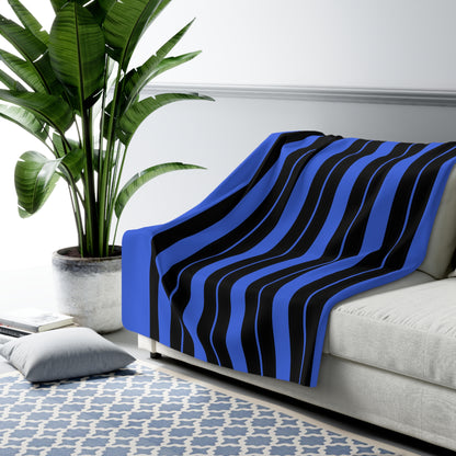 Royal Blue, Black Retro Stripes Blanket Throw