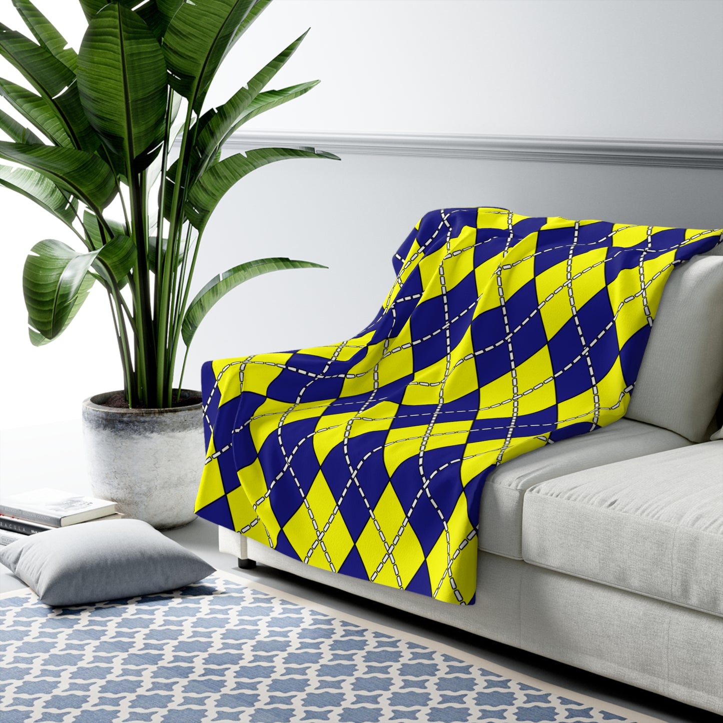 Navy Blue, Yellow Retro Argyle Blanket Throw
