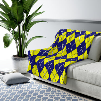Navy Blue, Yellow Retro Argyle Blanket Throw