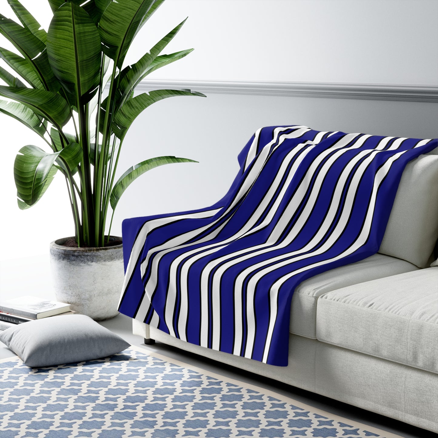 Navy Blue, White Retro Stripes Blanket Throw