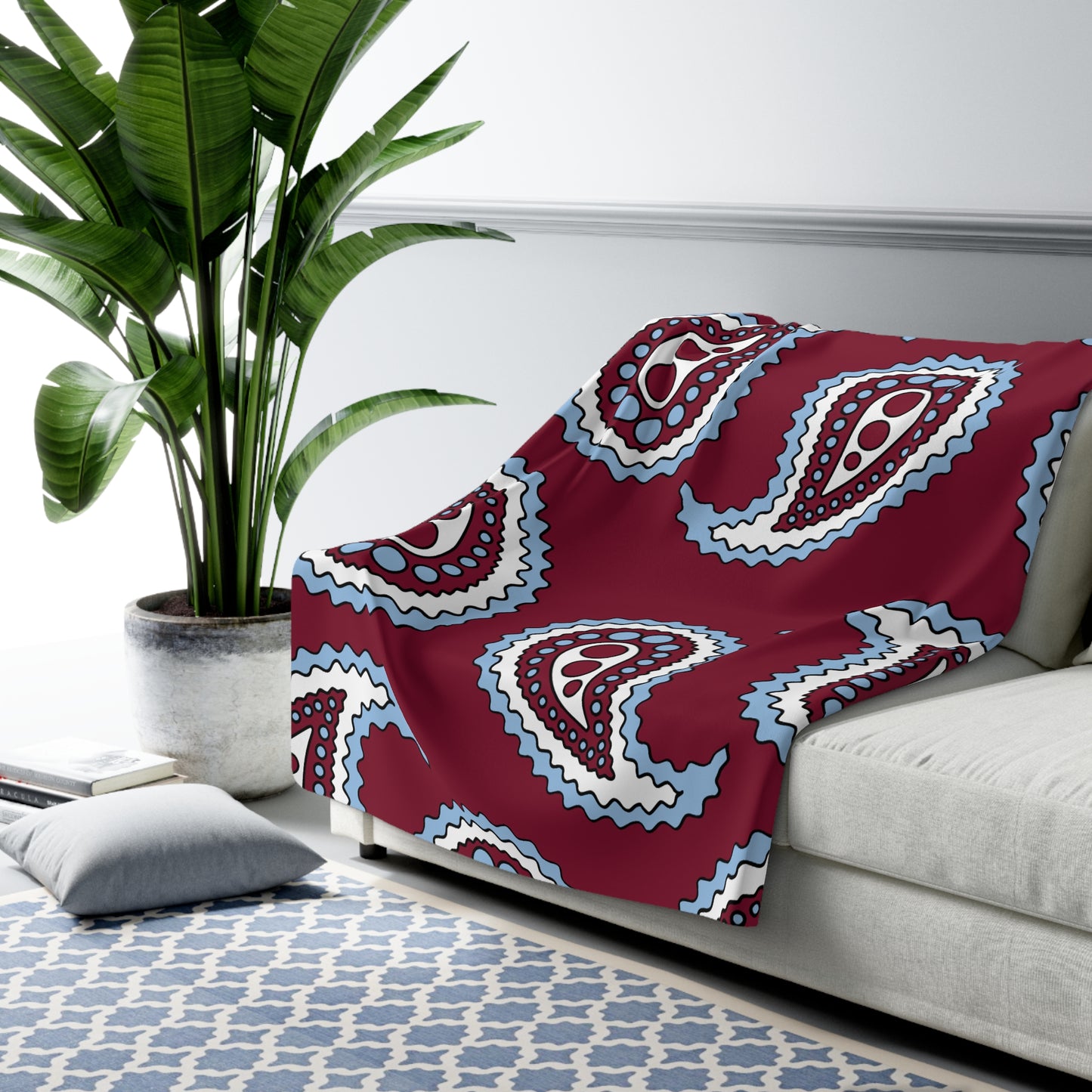 Claret, Blue, White Retro Paisley Blanket Throw