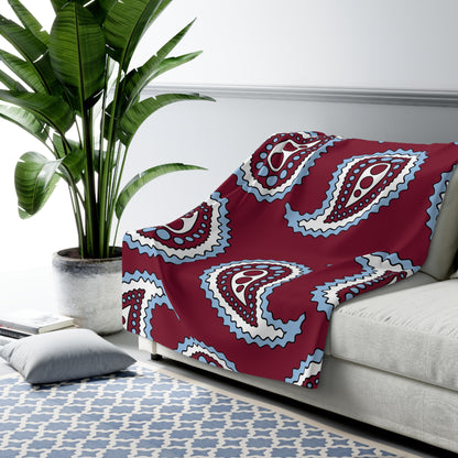 Claret, Blue, White Retro Paisley Blanket Throw