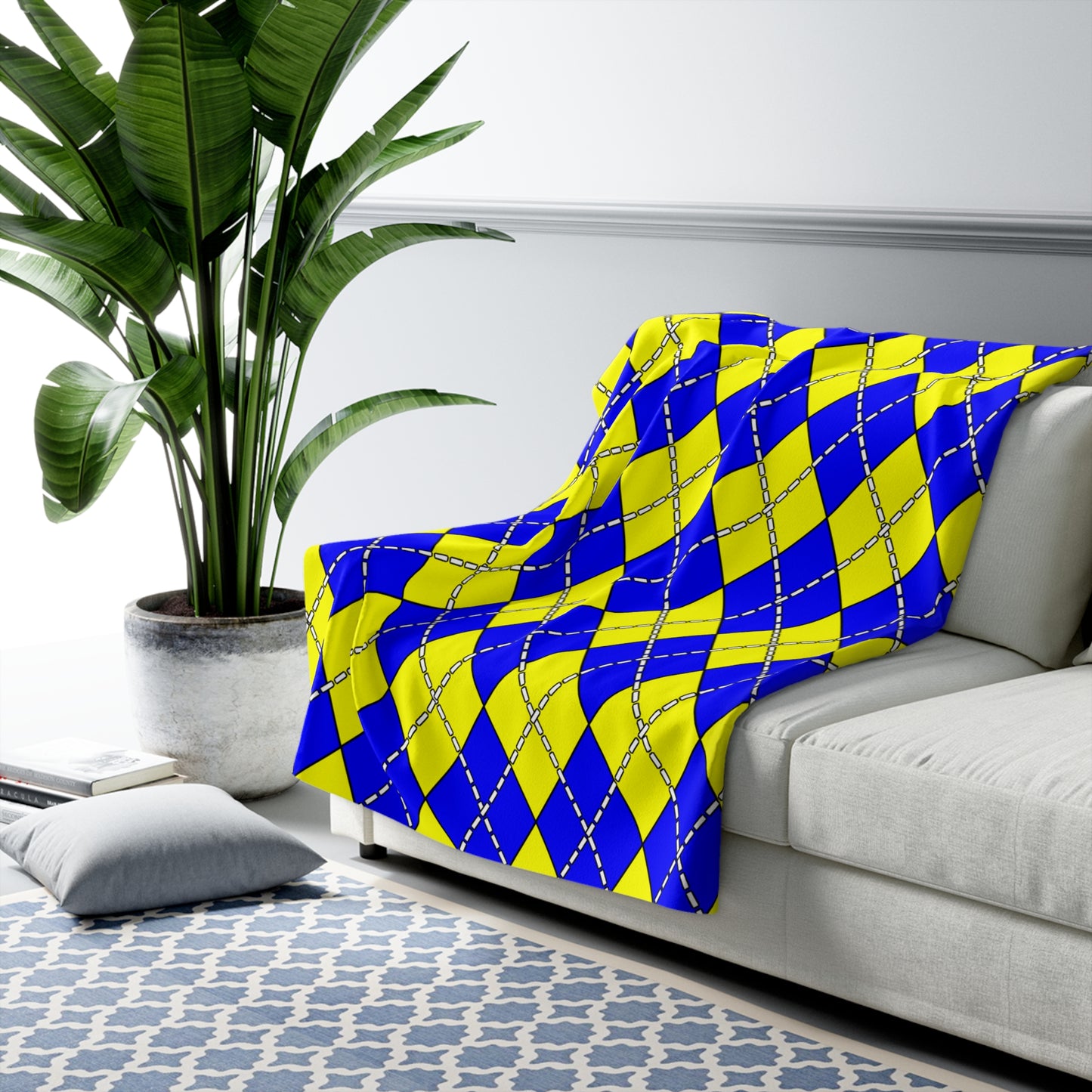 Yellow, Blue Retro Argyle Blanket Throw