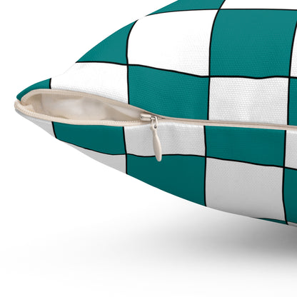 Teal, White Retro Check Cushion Pillow