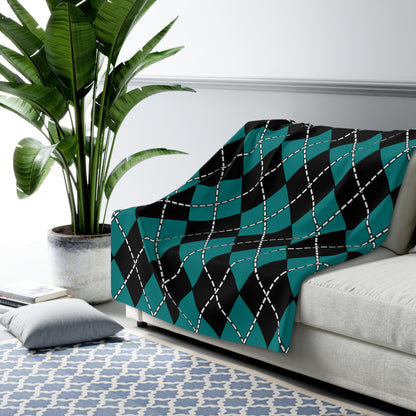 Teal, Black Retro Argyle Blanket Throw
