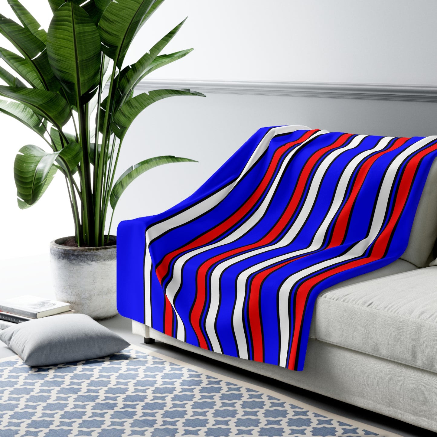 Blue, White, Red Retro Stripes Blanket Throw