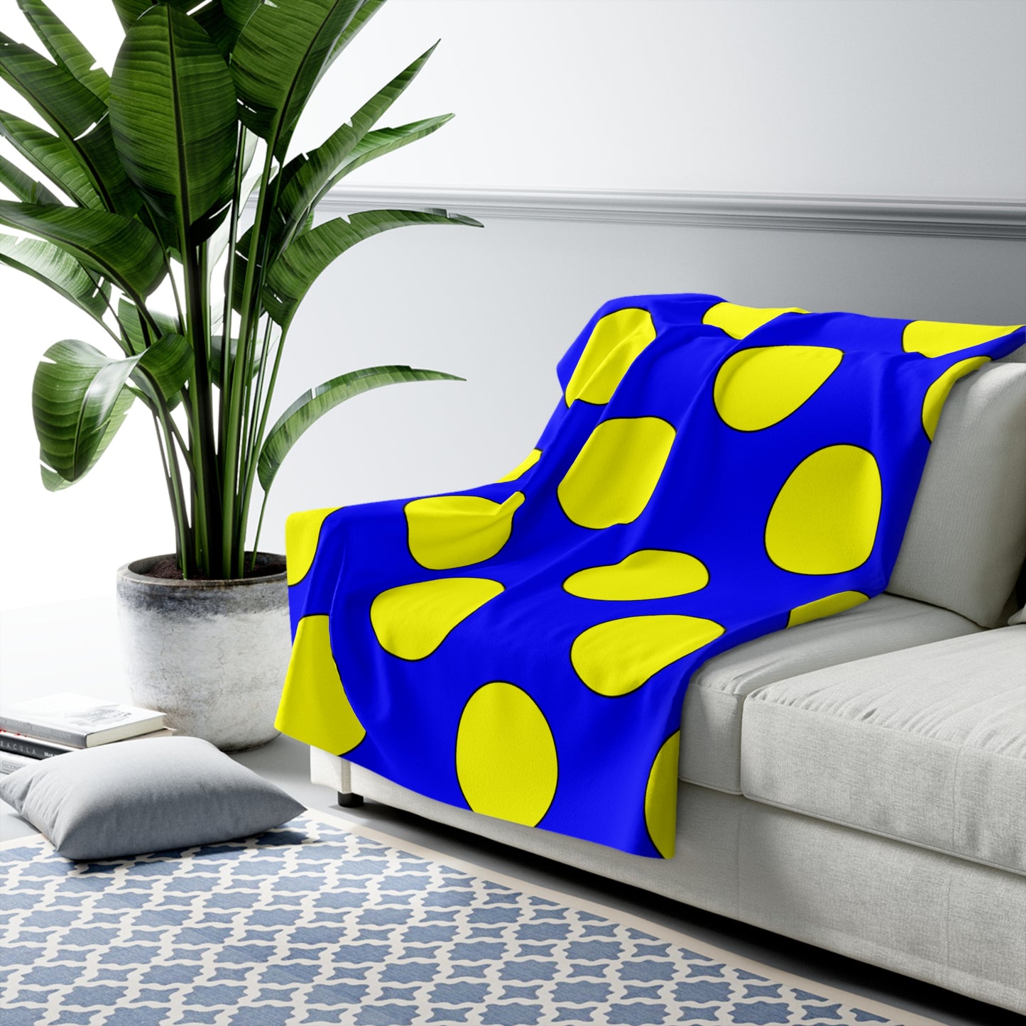 Blue, Yellow Retro Polka Dots Blanket Throw
