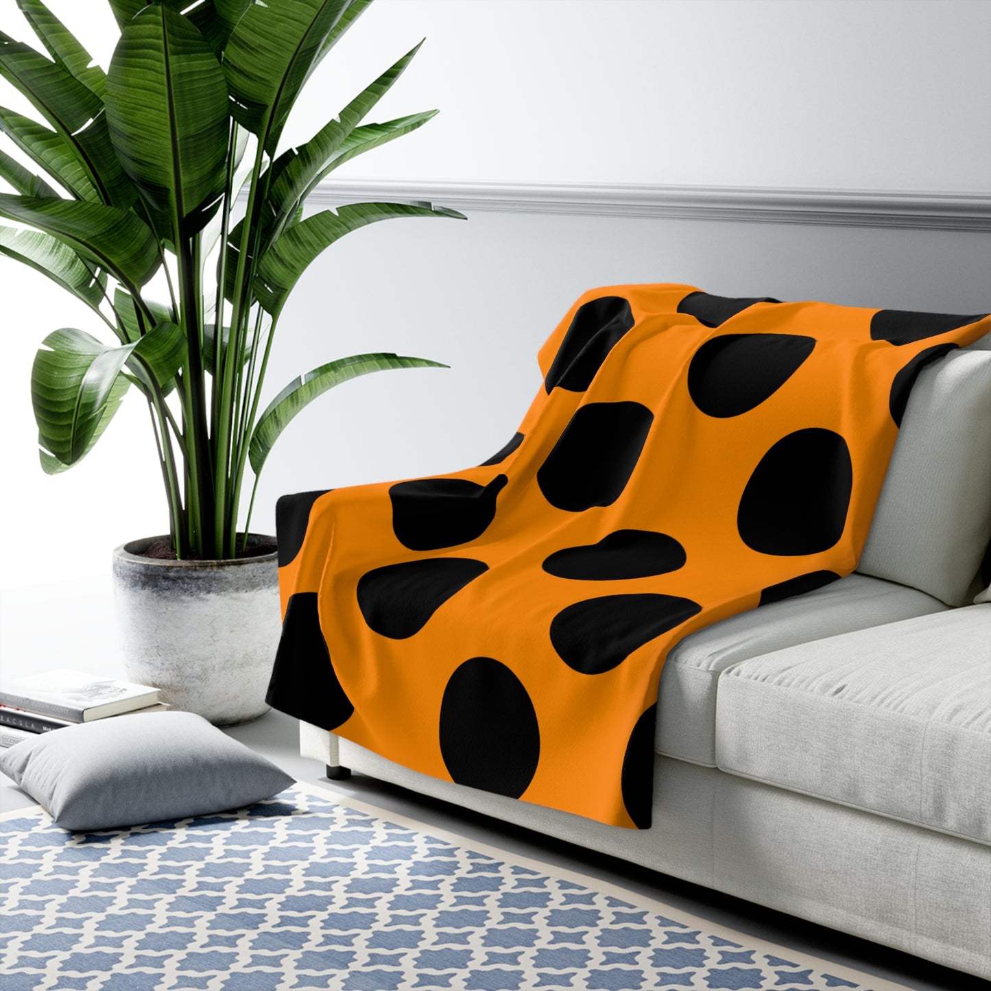 Dark Orange, Black Retro Polka Dots Blanket Throw