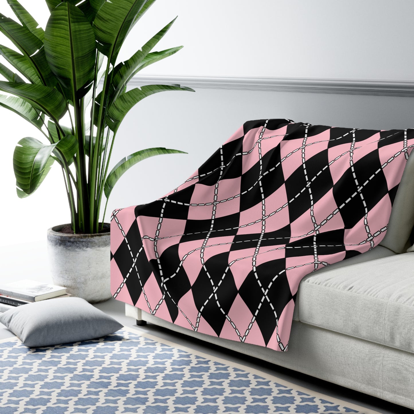 Pink, Black Retro Argyle Blanket Throw