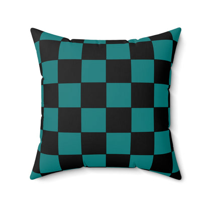 Teal, Black Retro Check Cushion Pillow