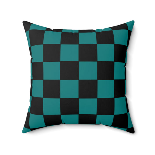 Teal, Black Retro Check Cushion Pillow