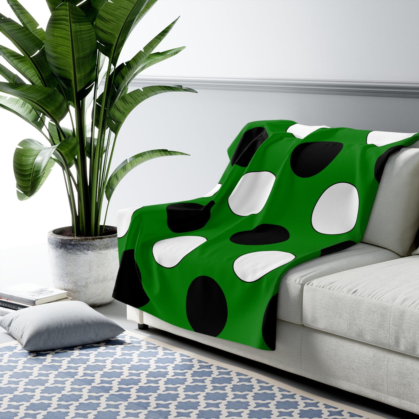 Green, Black, White Retro Polka Dots Blanket Throw