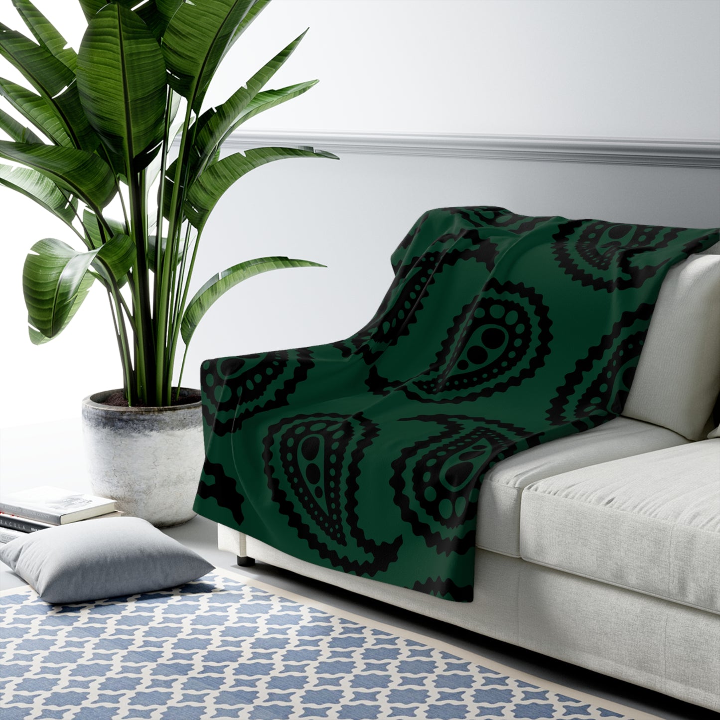 Dark Green, Black Retro Paisley Blanket Throw