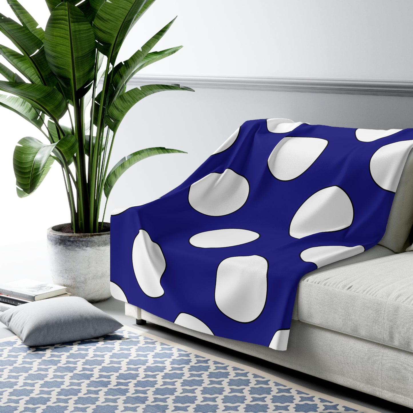 Navy Blue, White Retro Polka Dots Blanket Throw