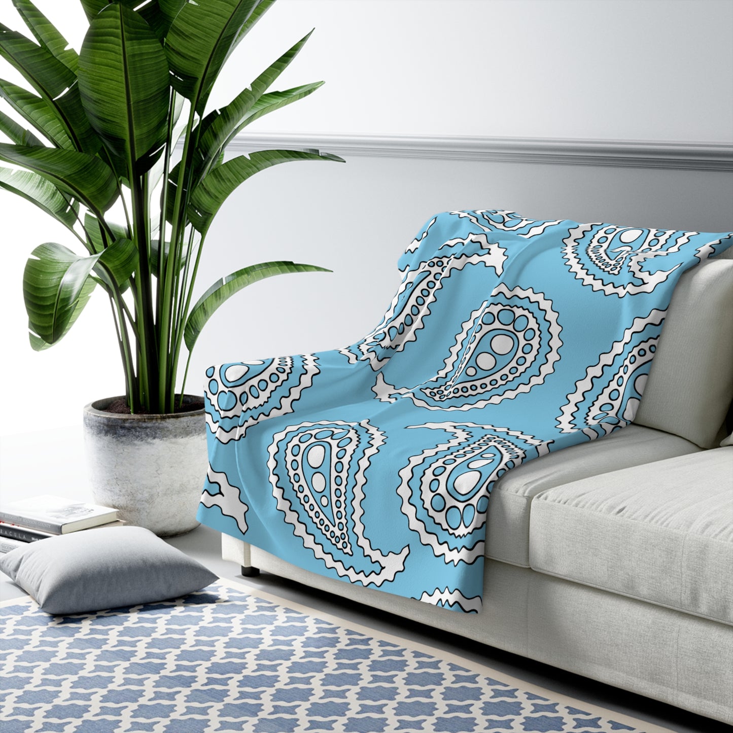 Sky Blue, White Retro Paisley Blanket Throw