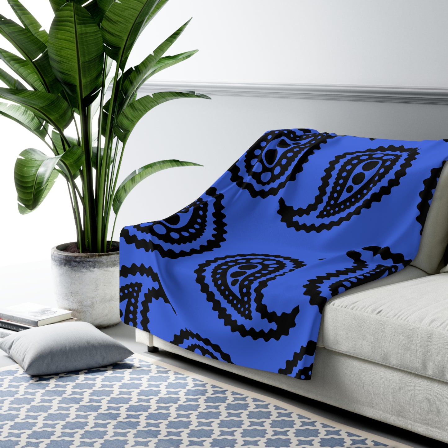 Royal Blue, Black Retro Paisley Blanket Throw