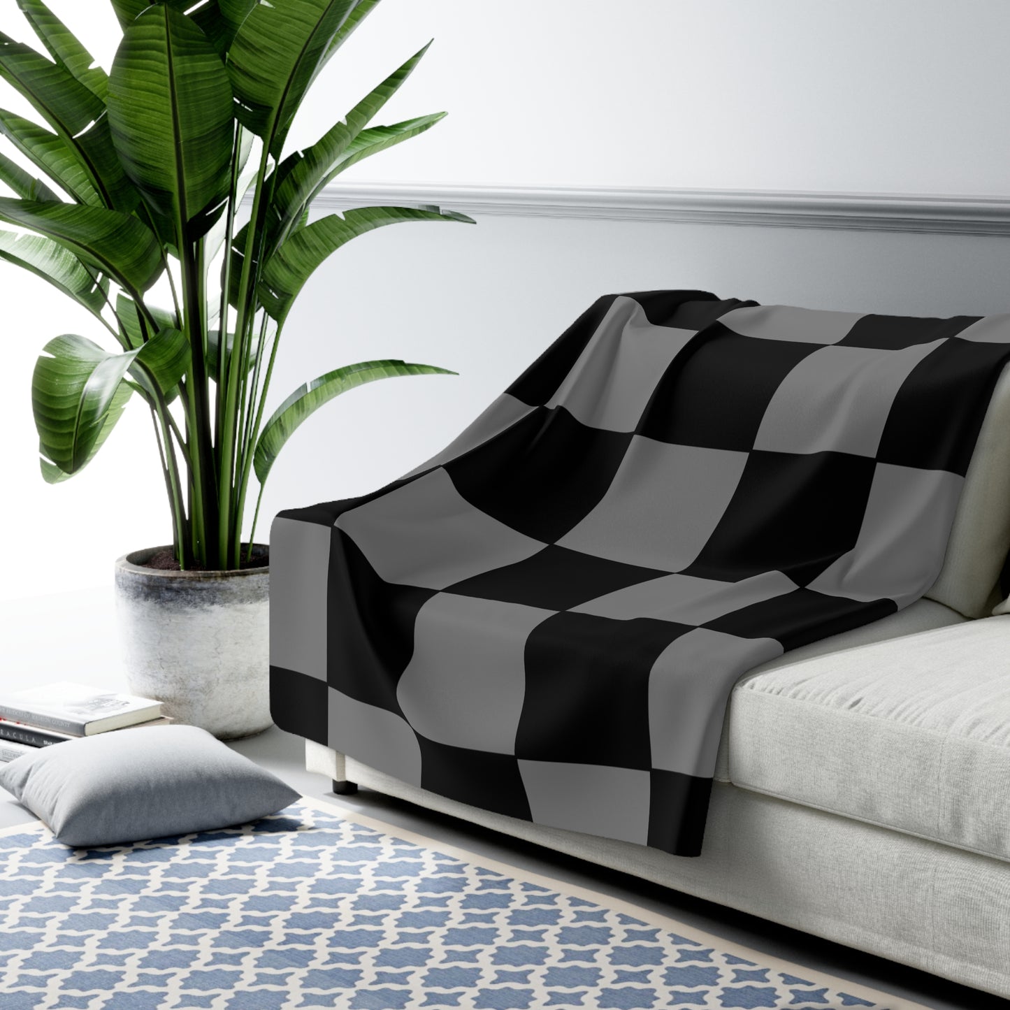 Grey, Black Retro Check Blanket Throw