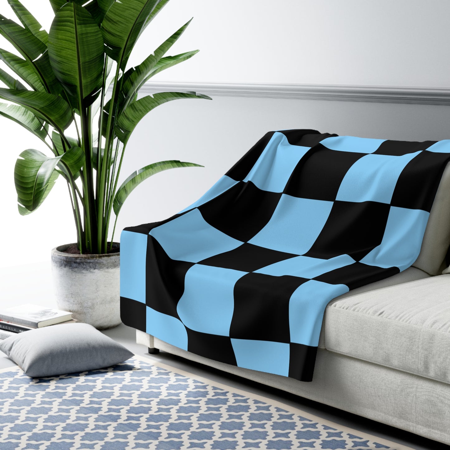 Light Blue, Black Retro Check Blanket Throw