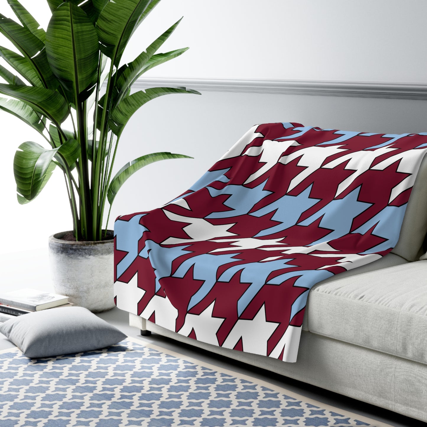 Claret, Blue, White Retro Houndstooth Blanket Throw