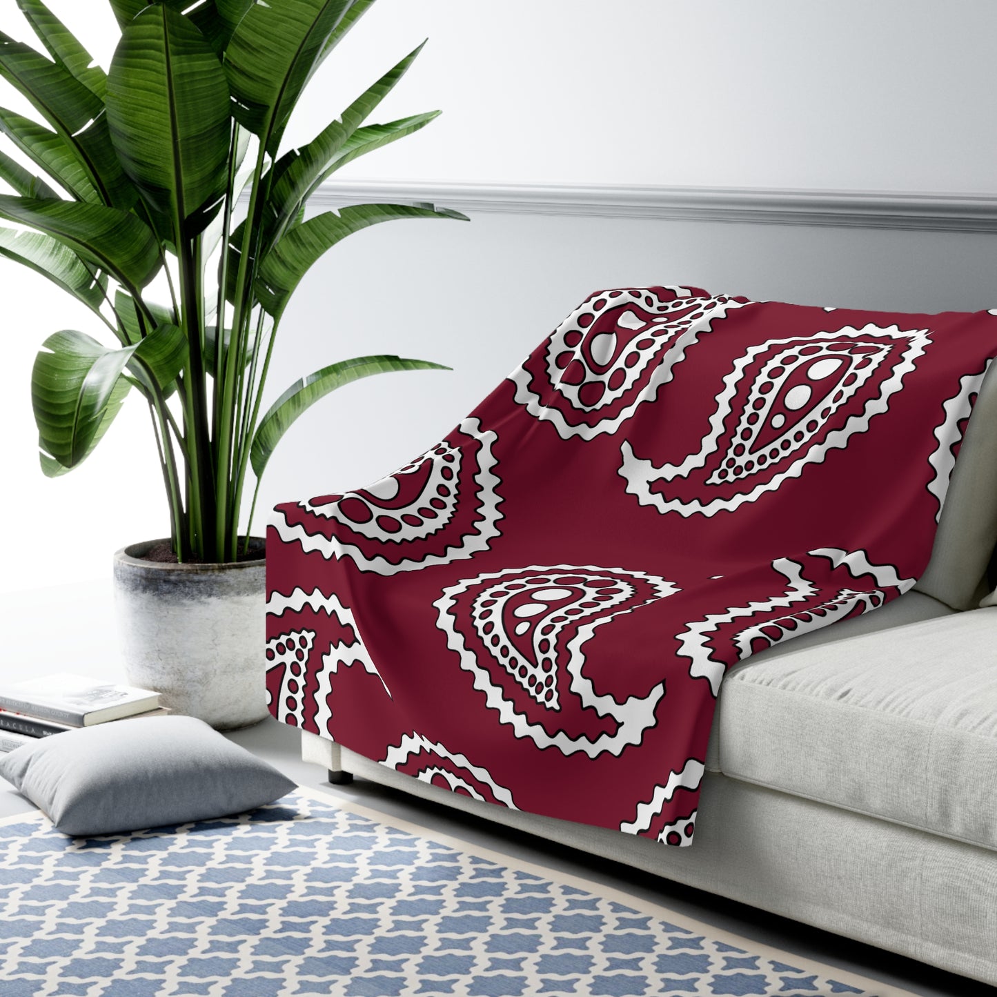 Claret, White Retro Paisley Blanket Throw