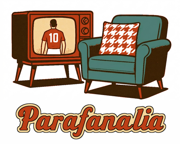 Illustration of a retro TV showing a person wearing a red shirt with the number 10, next to a blue armchair with a patterned pillow, and the brand 'Parafanalia' at the bottom.